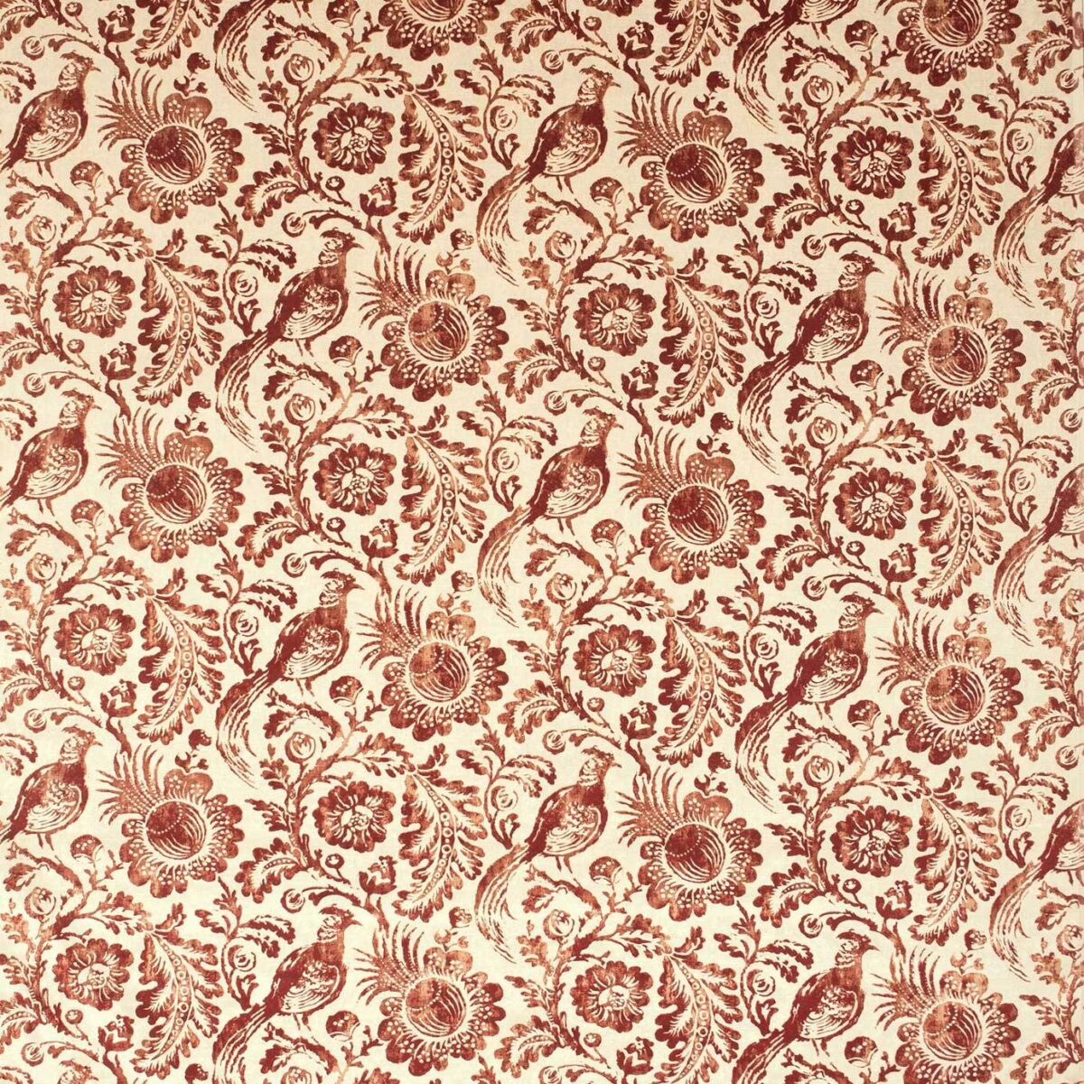 Dutch Pheasant Fabric - Regal Red by red animal velvet-chenille fabric from Linwood Fabrics