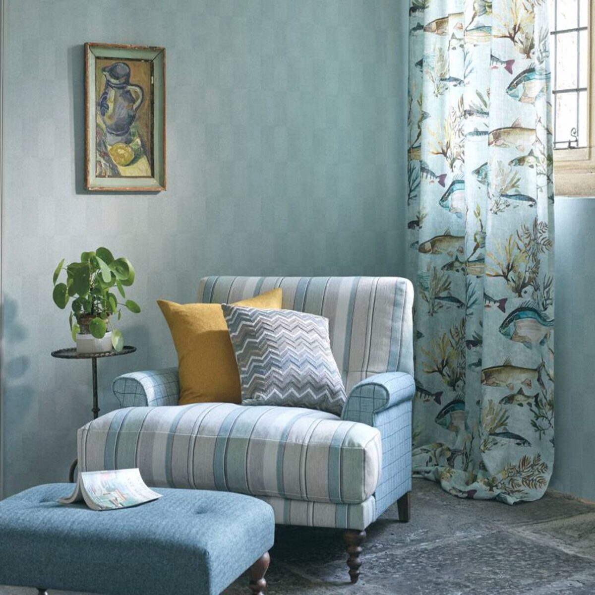 Laghetto Fabric - Celadon / Teal / Sand from