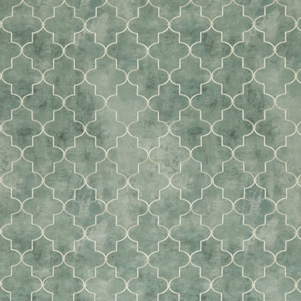 Langford Fabric - Eucalyptus by green geometric embroideried fabric from Kai