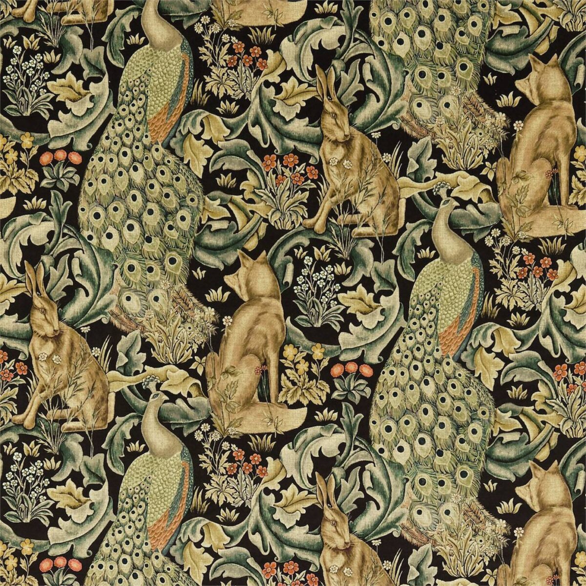Forest Fabric - Charcoal by multicolour animal velvet-chenille fabric from William Morris & Co