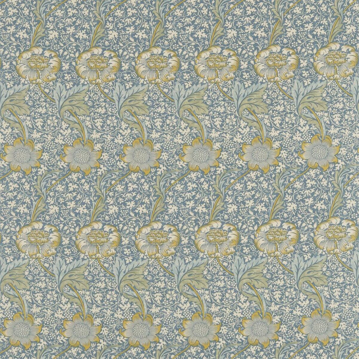 Kennet Fabric - Sea Blue / Lichen by blue botanical linen fabric from William Morris & Co