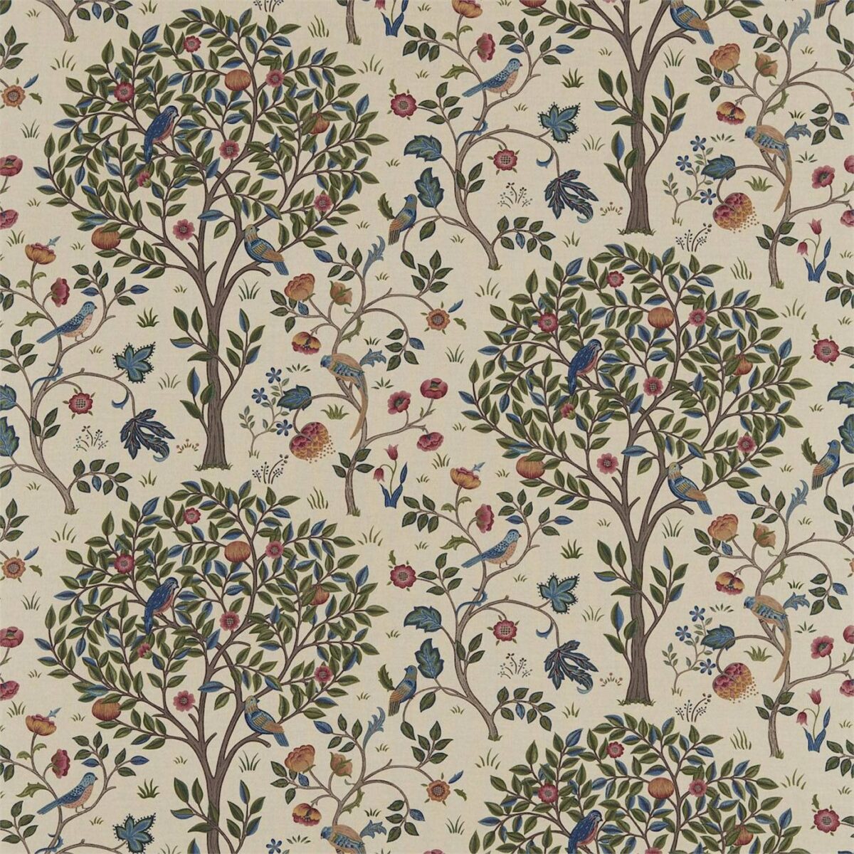 Kelmscott Tree Fabric - Woad / Wine by multicolour animal linen fabric from William Morris & Co