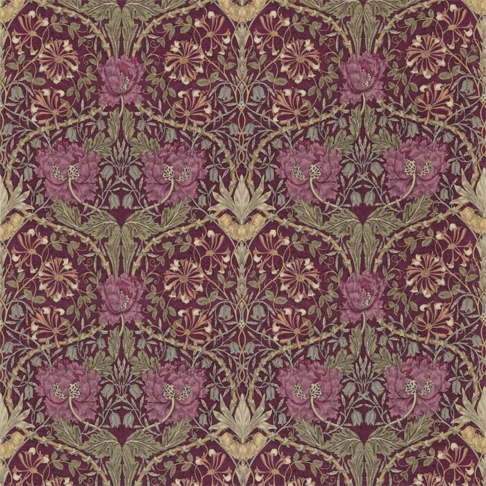 Honeysuckle & Tulip Fabric - Wine / Bayleaf swatch
