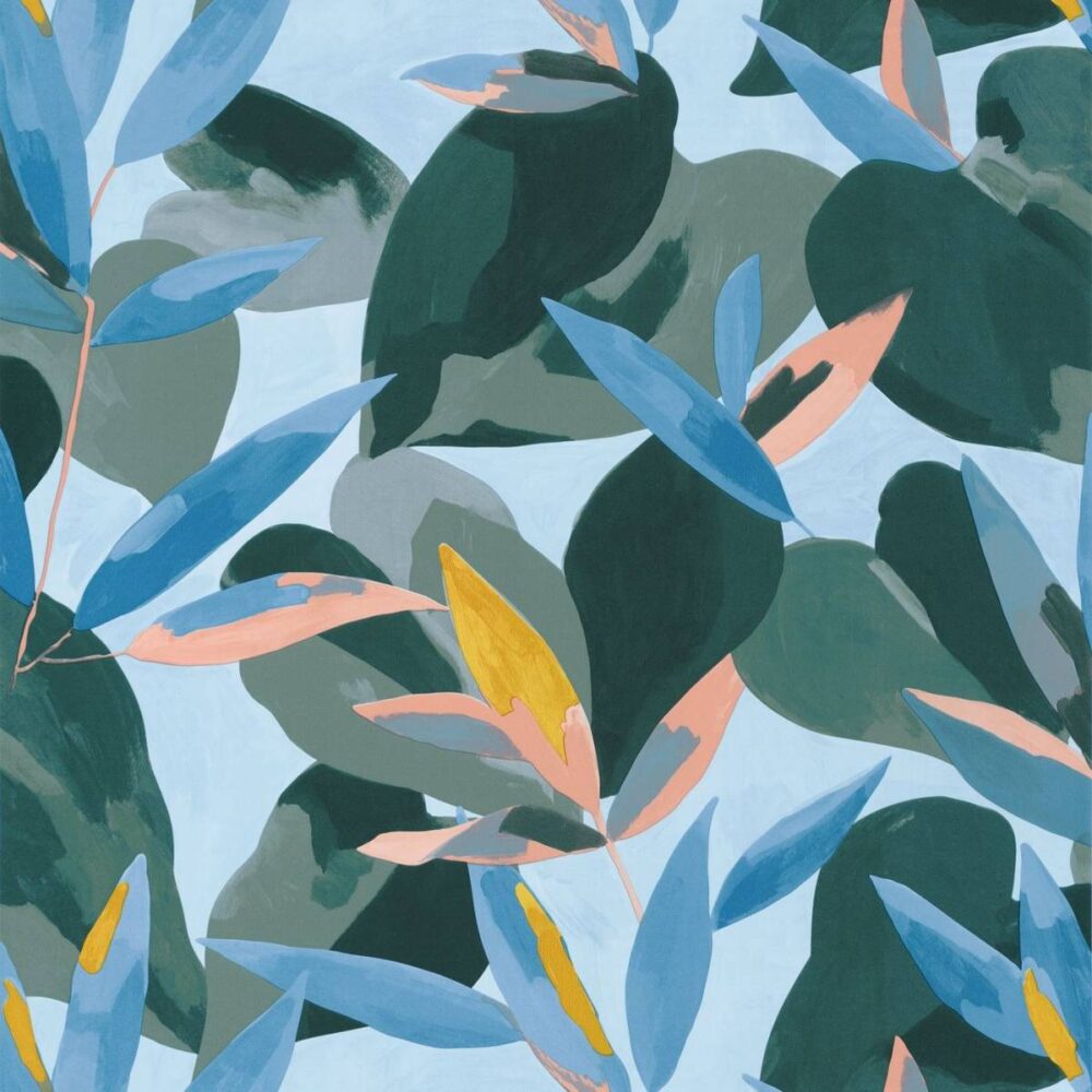 Influence Wallpaper - Bleu Cobalt / Jaune / Corail by blue botanical wallpaper from caselio