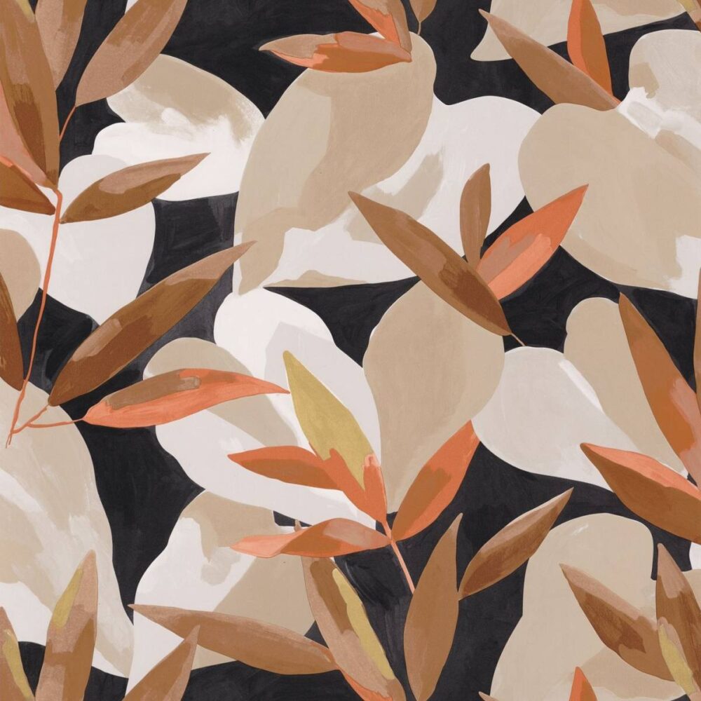 Influence Wallpaper - Noisette Saumon Dore Fond Noir by black-grey botanical wallpaper from caselio