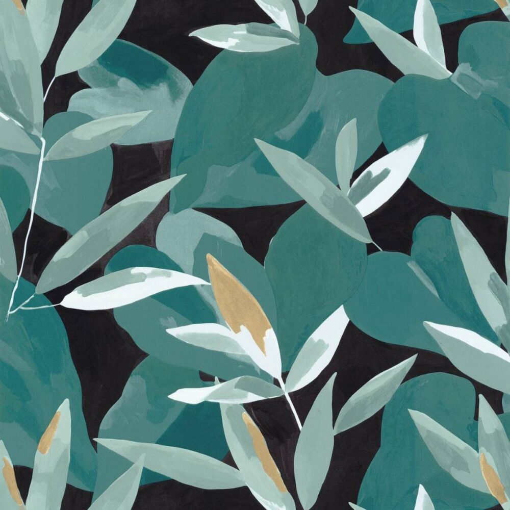 Influence Wallpaper - Vert Emeraude Dore Fond Noir by black-grey botanical wallpaper from caselio