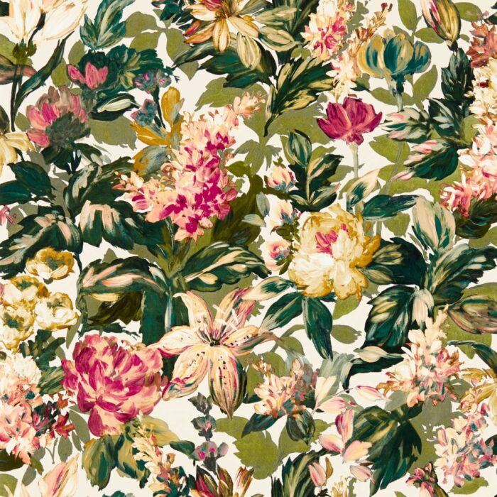 Lilum Wallpaper - Olive / Raspberry fabric swatch W0158/03