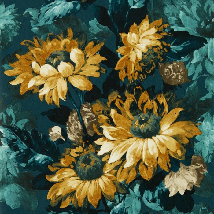 Sunforest Wallpaper - Denim / Ochre fabric swatch W0162/01