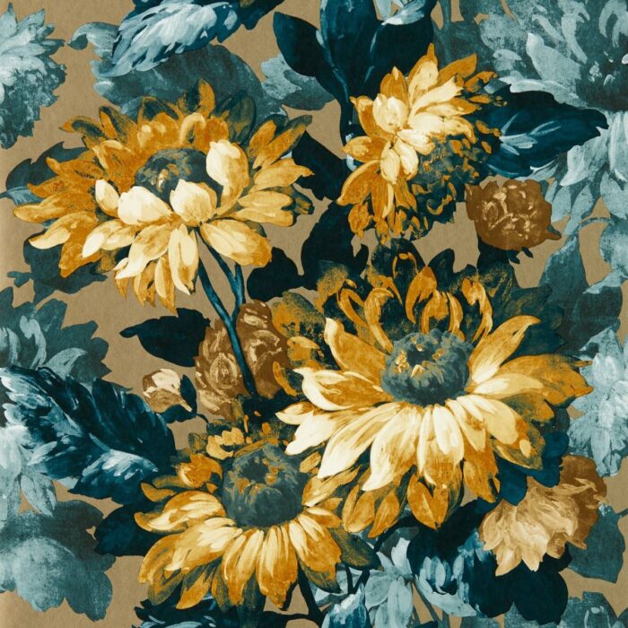 Sunforest Wallpaper - Gilver / Denim fabric swatch W0162/02