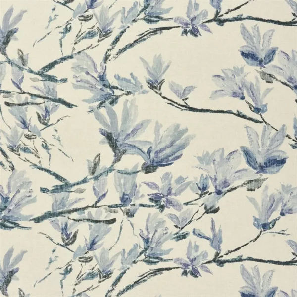 Shangri-La Lino Fabric - Graphite by black-grey botanical cotton fabric from Designers Guild