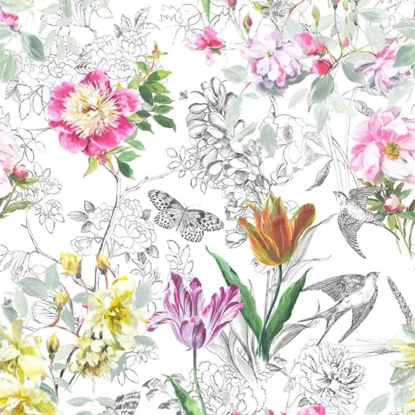 Sibylla Fabric - Fuchsia by multicolour botanical cotton fabric from Designers Guild