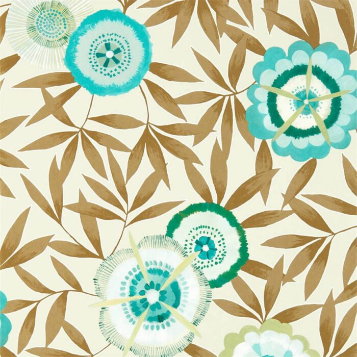 Komovi Wallpaper - Lagoon / Gold fabric swatch HSAW112159