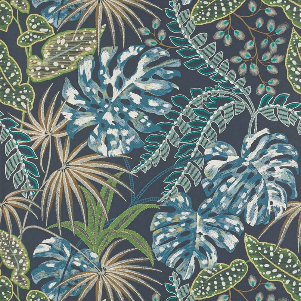 Rousseau Wallpaper - Midnight / Teal by blue botanical wallpaper from jane churchill
