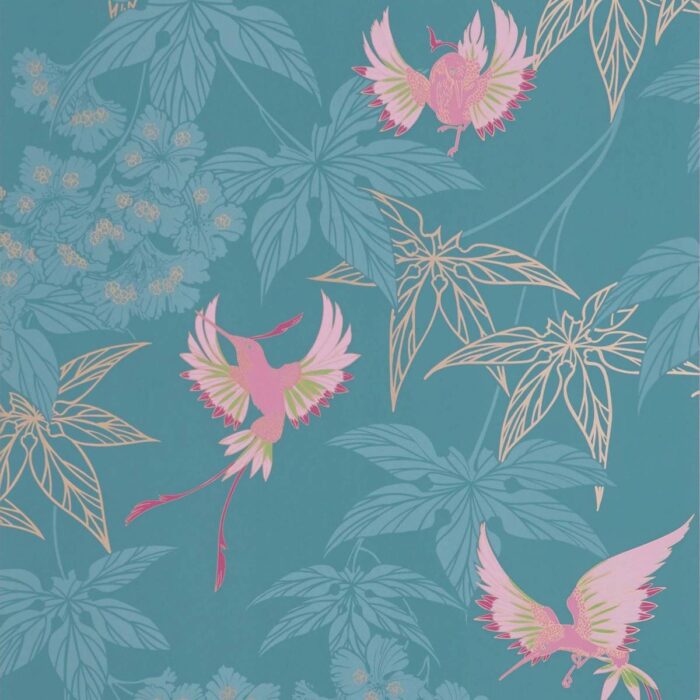 Grove Garden Wallpaper - Teal / Pink swatch