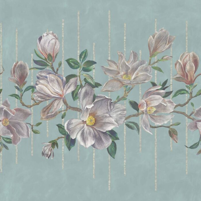 Magnolia Frieze Wallpaper - Aqua / Ochre swatch