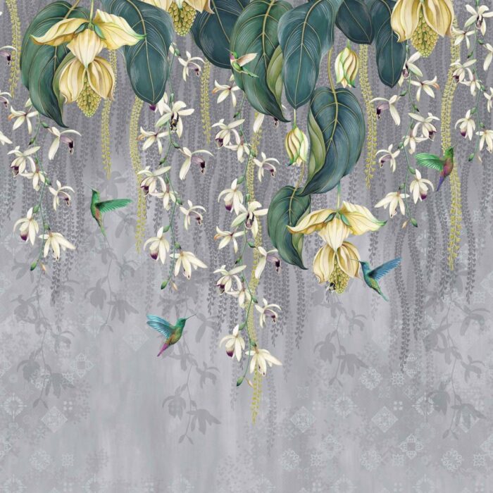 Trailing Orchid Wallpaper - Grey / Lemon swatch