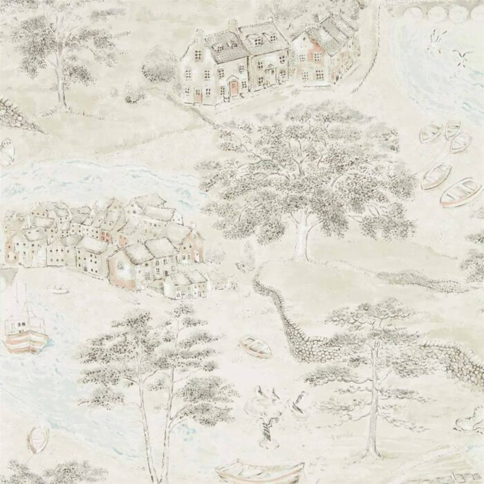 Sea Houses Wallpaper - Charcoal / Linen fabric swatch DEBB216489