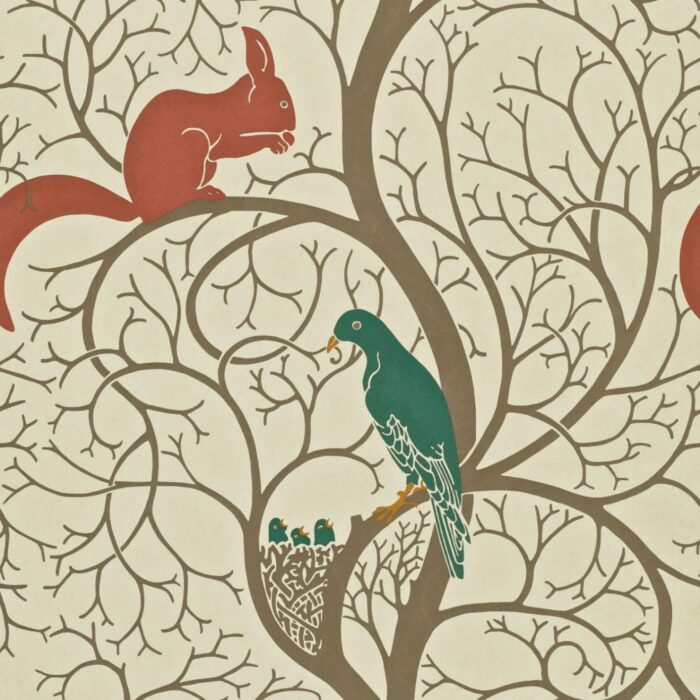 Squirrel and Dove Wallpaper - Teal / Red swatch