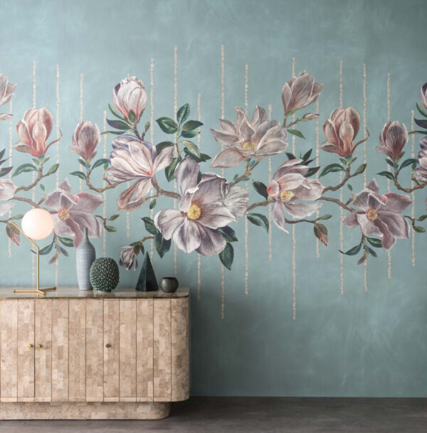 Magnolia Frieze Wallpaper - Aqua / Ochre by Magnolia Frieze Wallpaper - Aqua / Ochre from