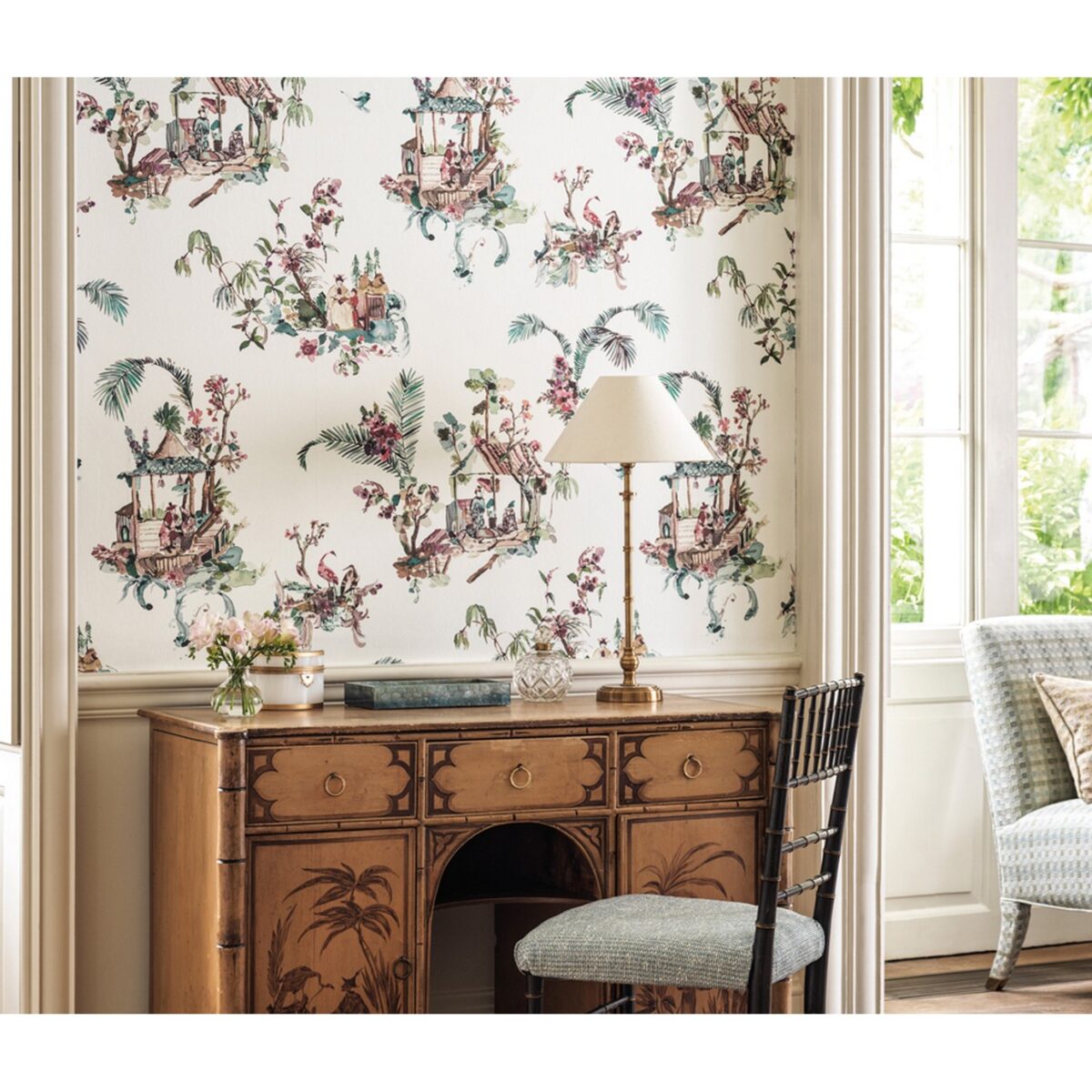 Toile Chinoise Wallpaper - Coral / Green by Toile Chinoise Wallpaper - Coral / Green from