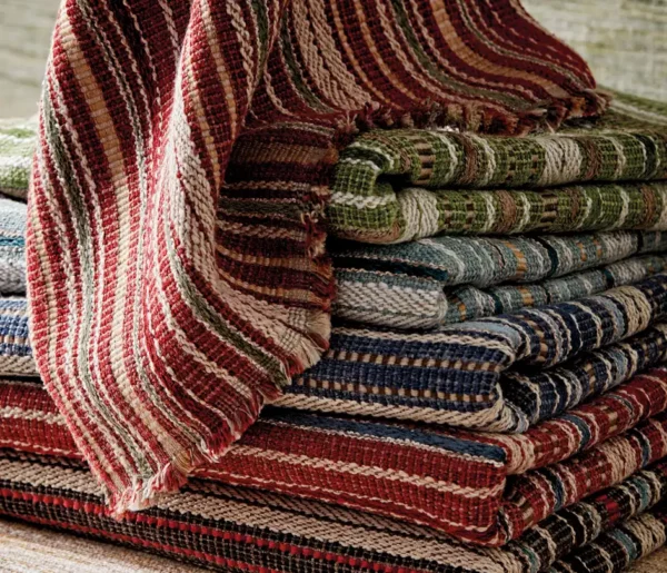Bergeret Fabric - Coral by blue striped velvet-chenille fabric from Nina Campbell