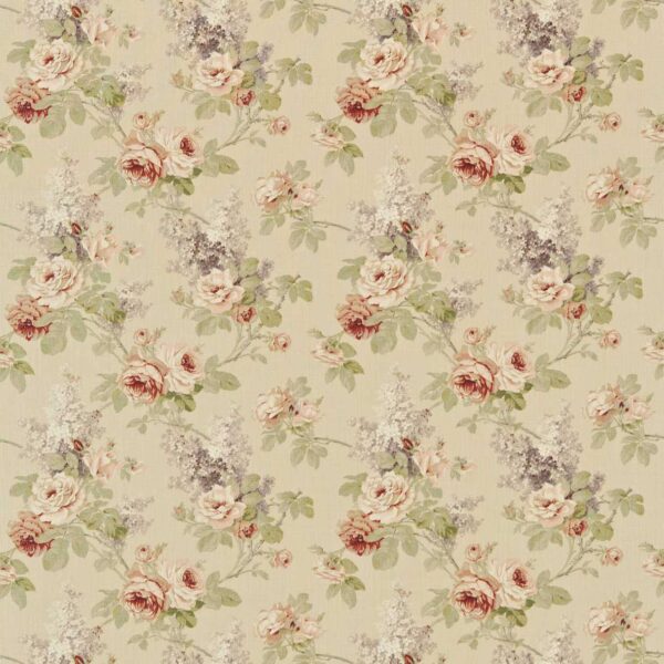 Sorilla Fabric - Biscuit / Claret by neutral botanical linen fabric from Sanderson