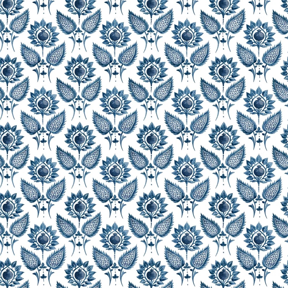 Medicii Flower Fabric - Indigo by blue botanical linen fabric from William Yeoward