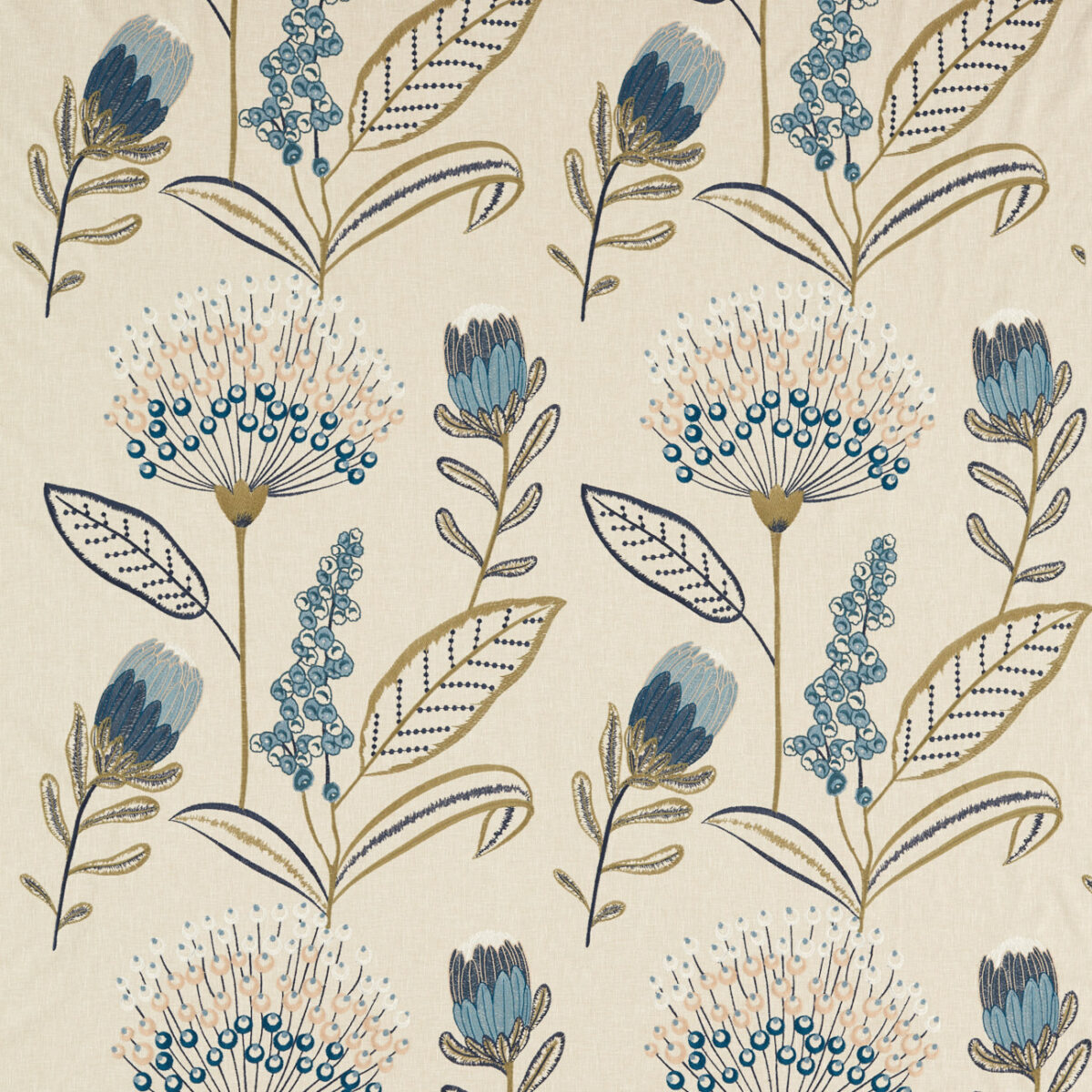Protini Fabric - Denim by blue botanical embroideried fabric from Clarke & Clarke