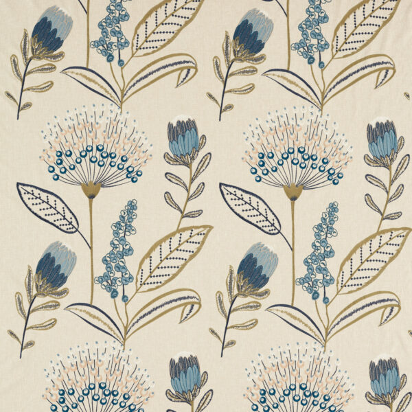 Protini Fabric - Denim by blue botanical embroideried fabric from Clarke & Clarke