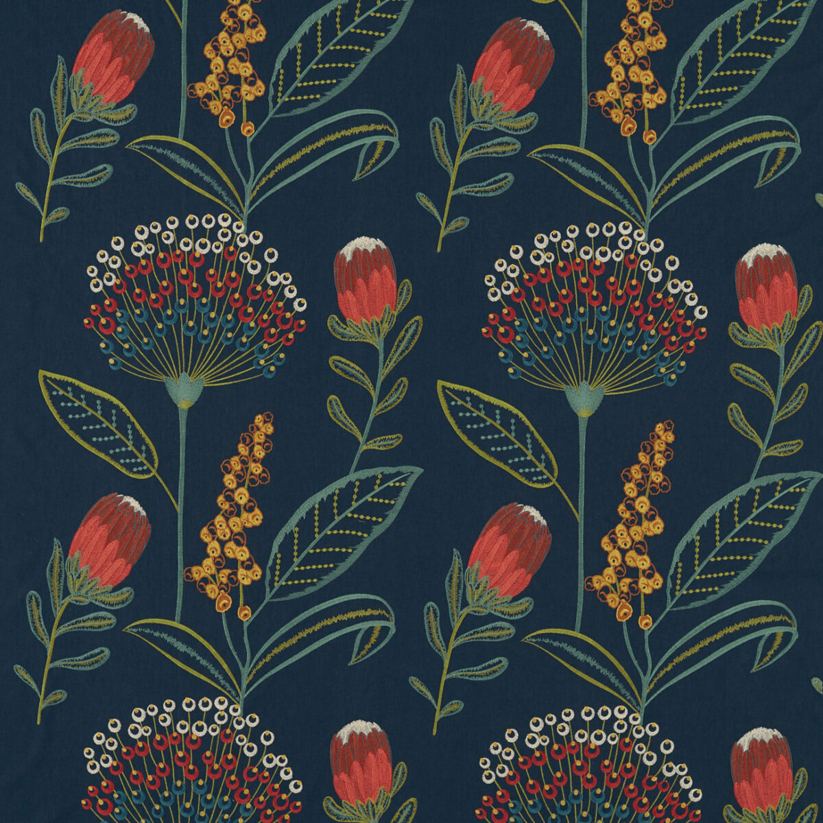 Protini Fabric - Midnight by blue botanical embroideried fabric from Clarke & Clarke