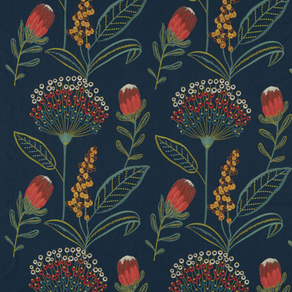 Protini Fabric - Midnight by blue botanical embroideried fabric from Clarke & Clarke