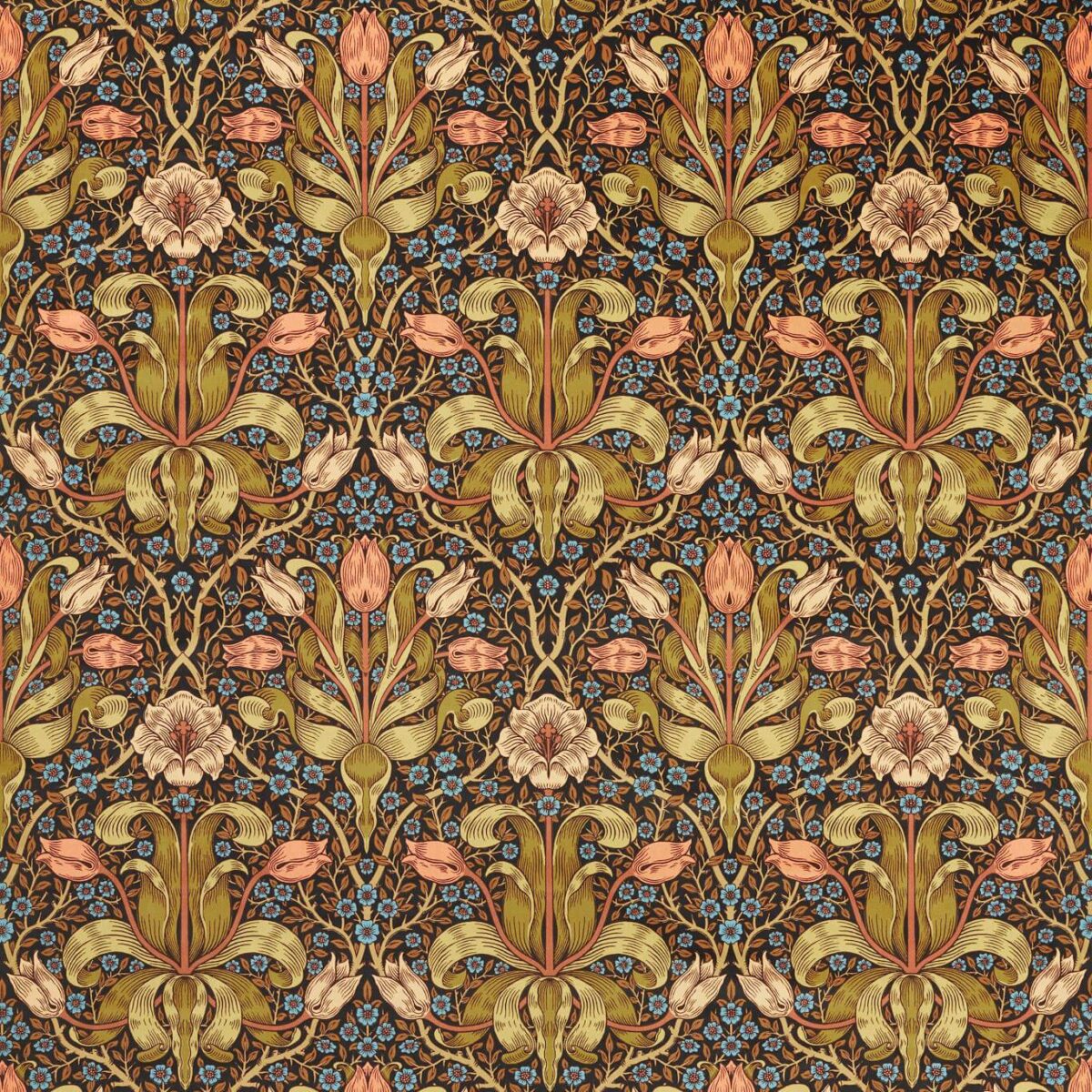 Spring Thicket Fabric - Old Fashioned by brown botanical cotton fabric from William Morris & Co