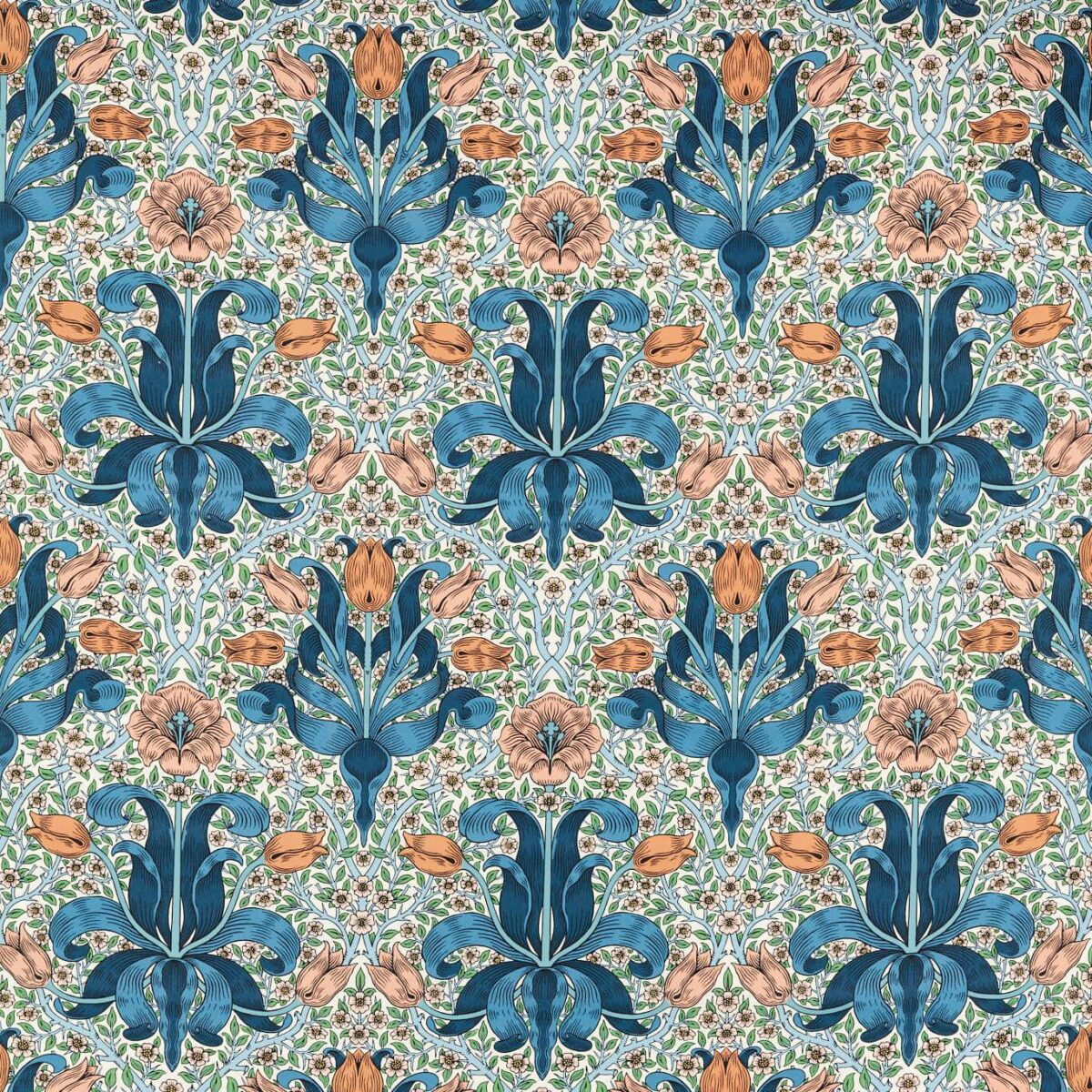 Spring Thicket Fabric - Paradise Blue / Peach by blue botanical cotton fabric from William Morris & Co