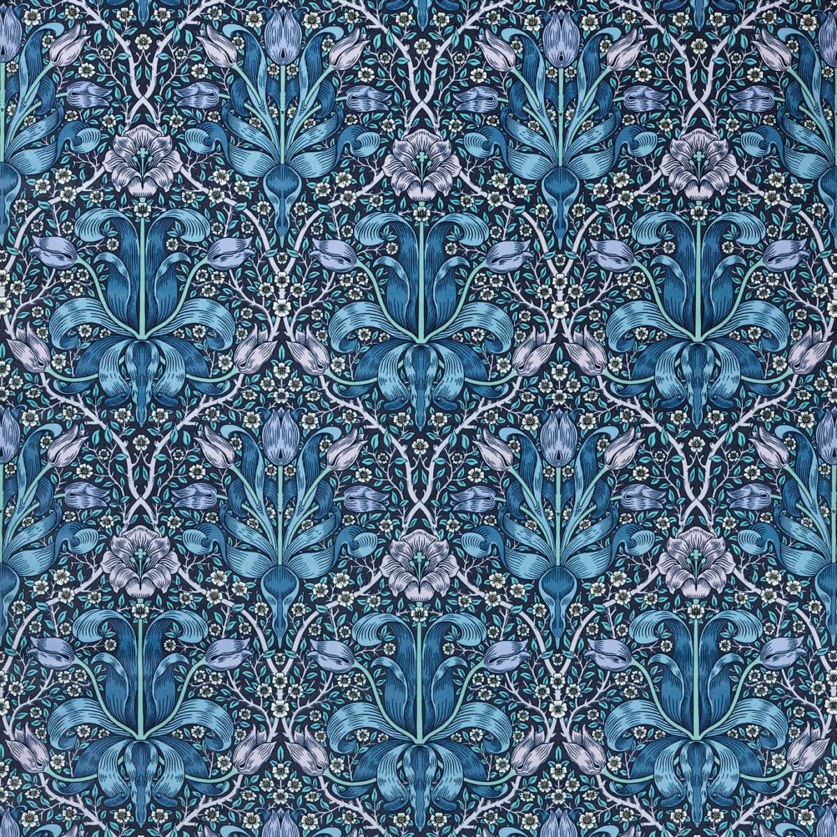 Spring Thicket Fabric - Midnight / Lilac by blue botanical cotton fabric from William Morris & Co