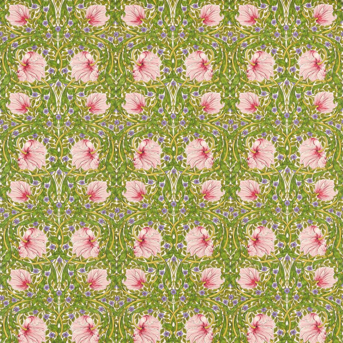 Pimpernel Fabric - Sap Green / Strawberry by green botanical cotton fabric from William Morris & Co