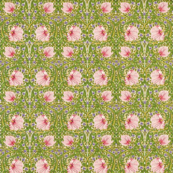 Pimpernel Fabric - Sap Green / Strawberry by green botanical cotton fabric from William Morris & Co