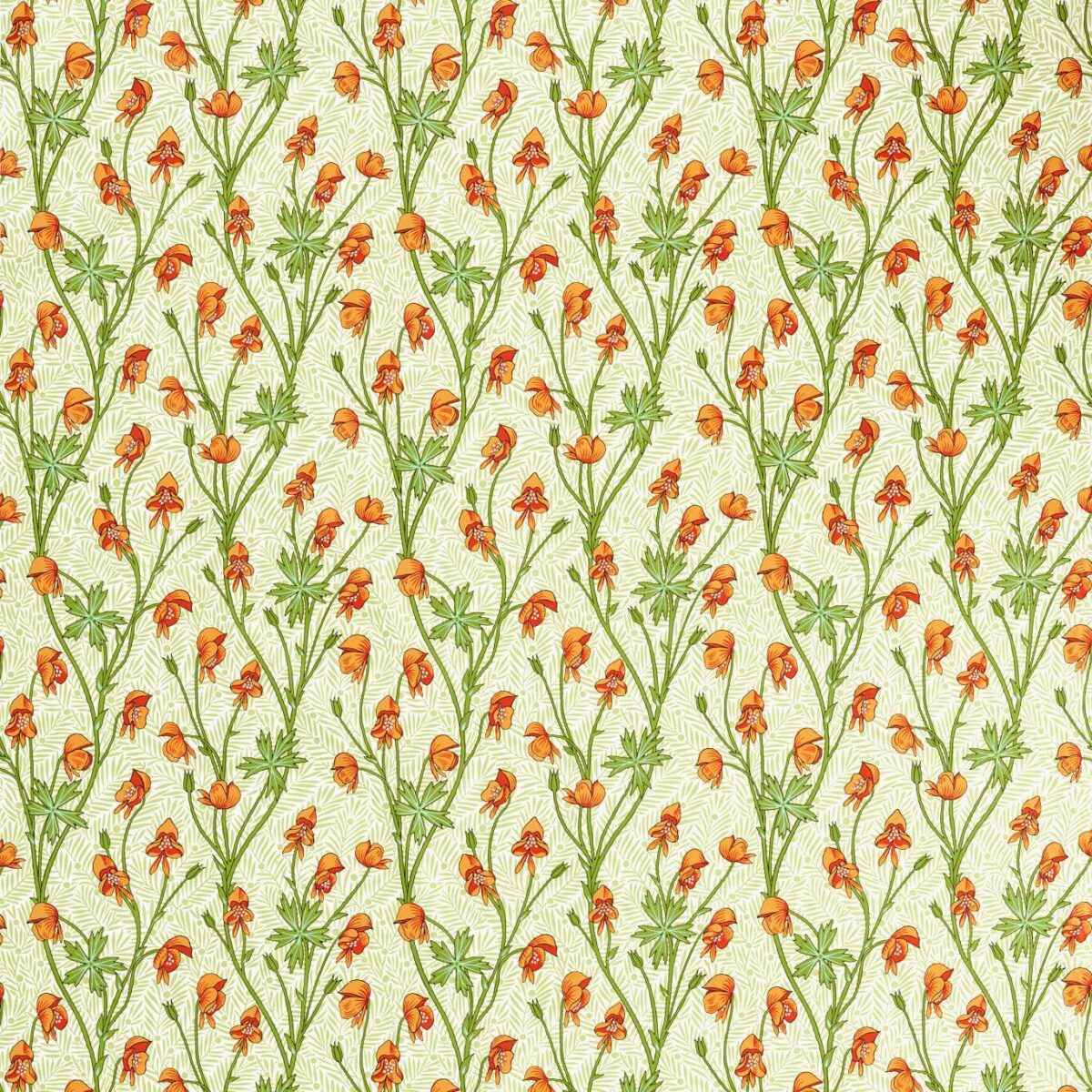 Monkshood Fabric - Tangerine / Sage by green botanical cotton fabric from William Morris & Co