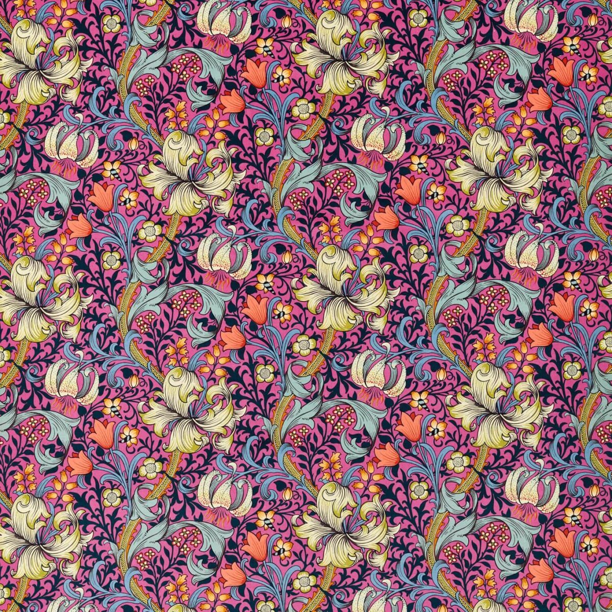 Golden Lily Fabric - Serotonin Pink by pink botanical cotton fabric from William Morris & Co