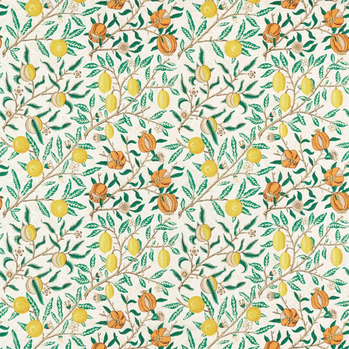 Fruit Fabric - Sap Green / Tangerine by green botanical cotton fabric from William Morris & Co