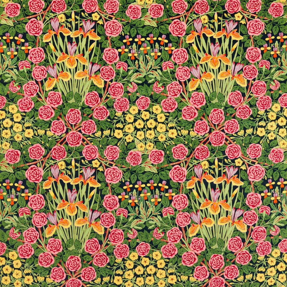 Campanula Fabric - Sunburst / Ebony by multicolour botanical velvet-chenille fabric from William Morris & Co