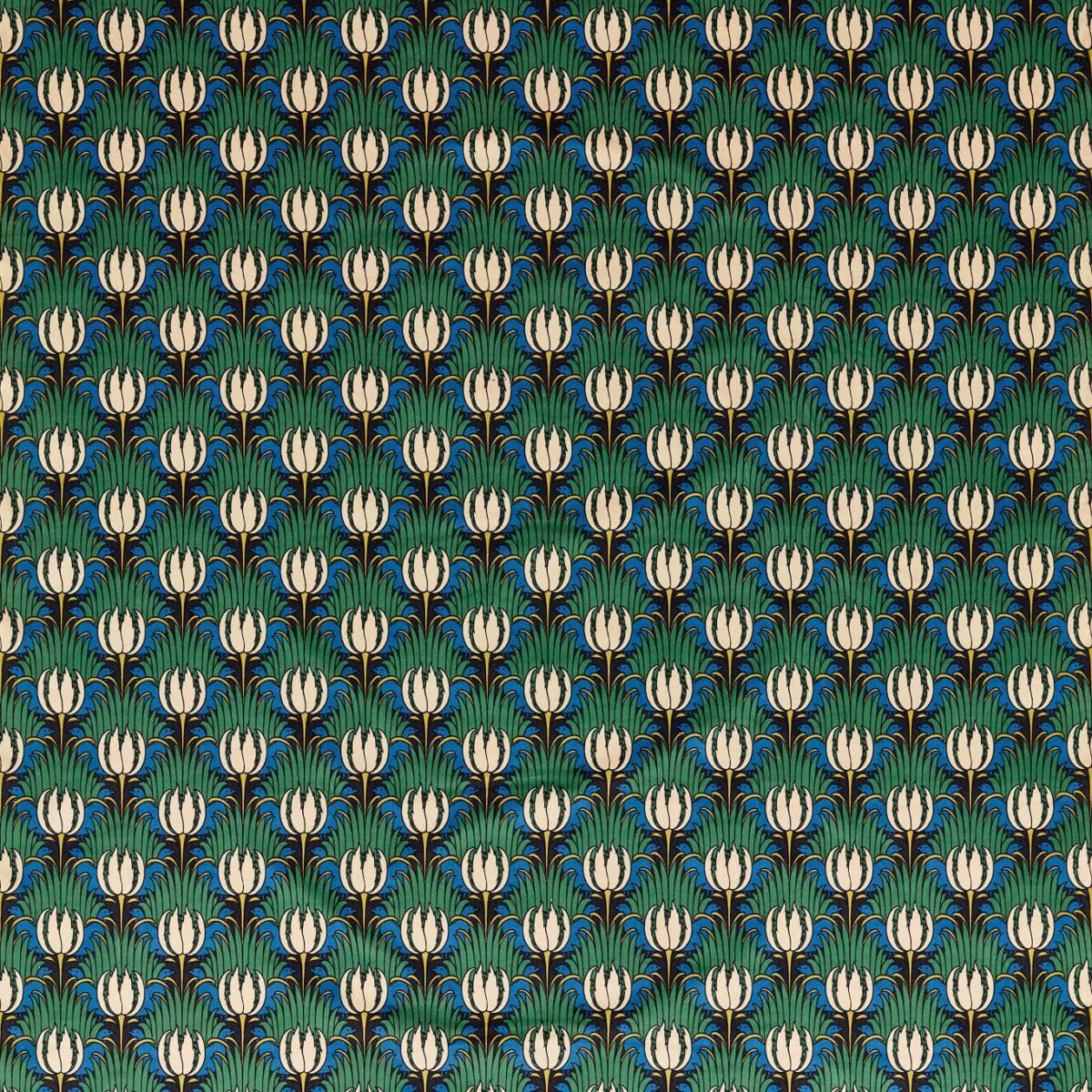 Tulip & Bird Fabric - Goblin Green & Raven by green botanical cotton fabric from William Morris & Co