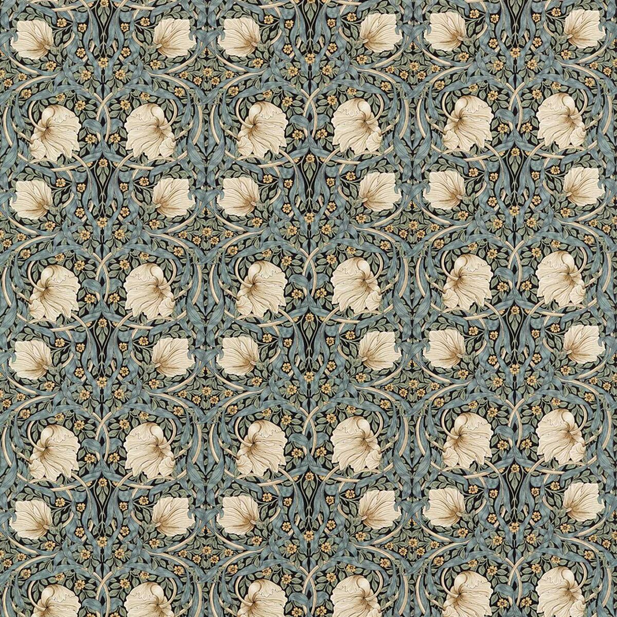 Pimpernel Fabric - Ink / Sage by brown botanical printed fabric from William Morris & Co