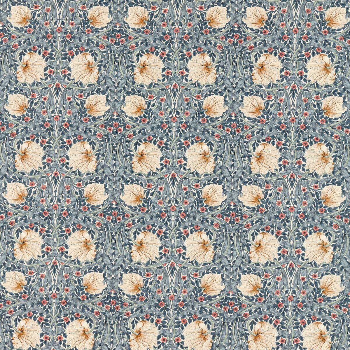 Pimpernel Fabric - Woad / Coral by black-grey botanical printed fabric from William Morris & Co