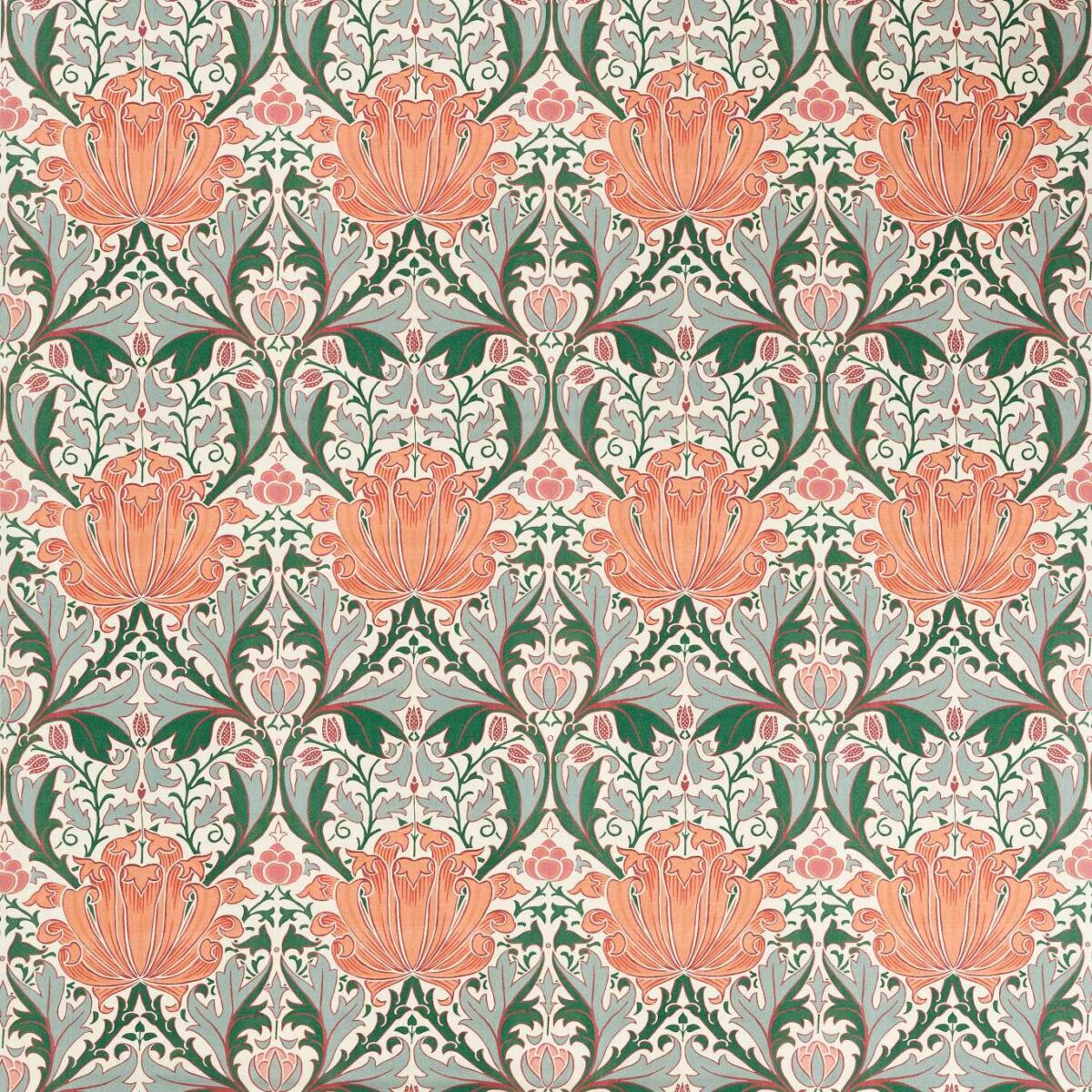Helena Fabric - Peach / Teal by green botanical jacquard fabric from William Morris & Co