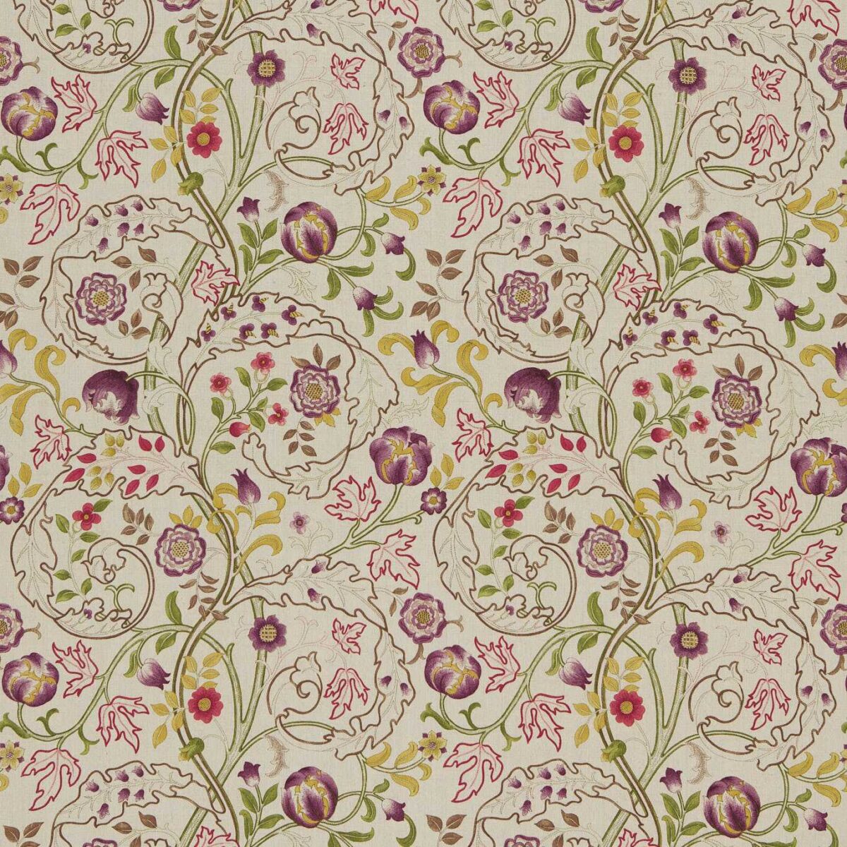 Mary Isobel Fabric - Wine / Linen by purple botanical embroideried fabric from William Morris & Co