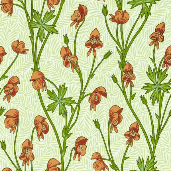 Monkshood Wallpaper - Tangerine / Sage by green botanical wallpaper from william morris & co