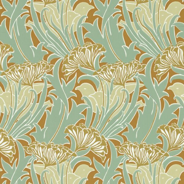 Laceflower Wallpaper - Tobacco / Pistachio by green botanical wallpaper from william morris & co