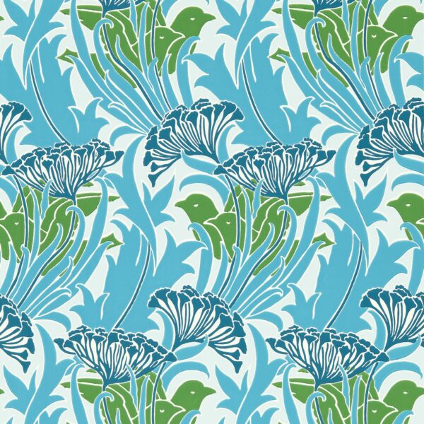 Laceflower Wallpaper - Garden Green / Lagoon by blue botanical wallpaper from william morris & co