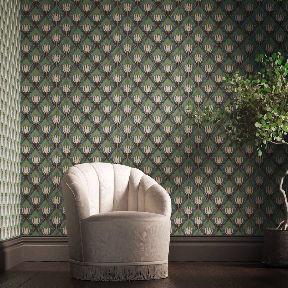 Tulip & Bird Wallpaper - Goblin Green & Raven from