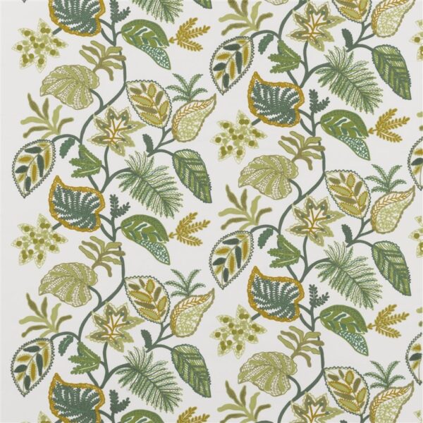 Foglia Decorativa Fabric - Moss by green botanical embroideried fabric from Designers Guild